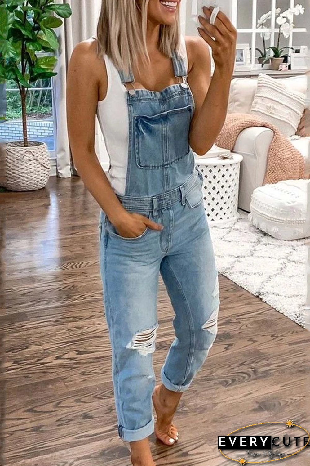 Distressed Denim Plus Size Jumpsuit