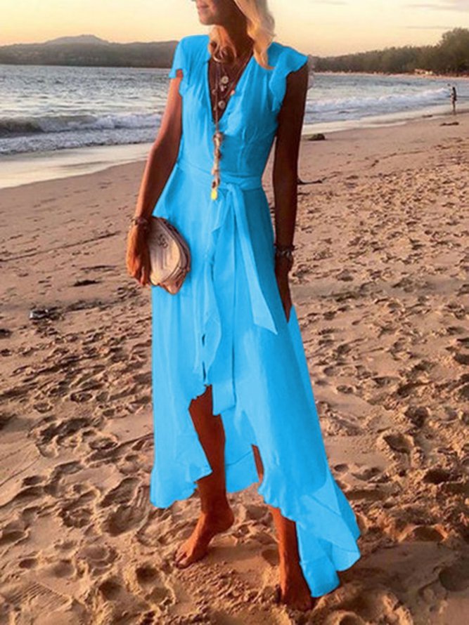 Casual Summer Beach V Neck Women A-Line Fringed Ruffled Drawstring Boho Chiffon Dresses D127- Fabulory