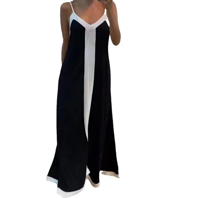Wongn Wongn Women's Wear Temperament Elegant Contrast Color V-Collar Long Halter Dress