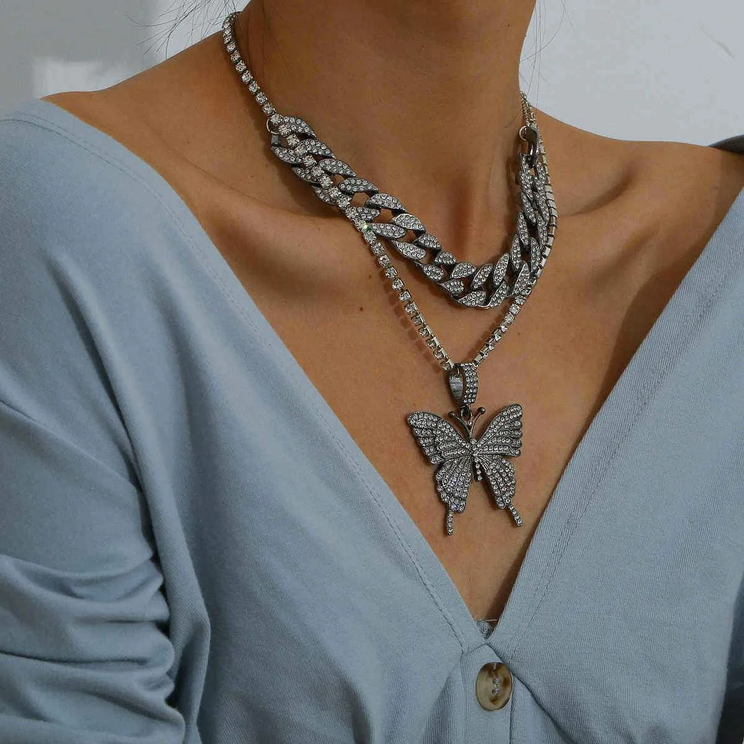 Elegant Rhinestone Butterfly Pendant Necklace
