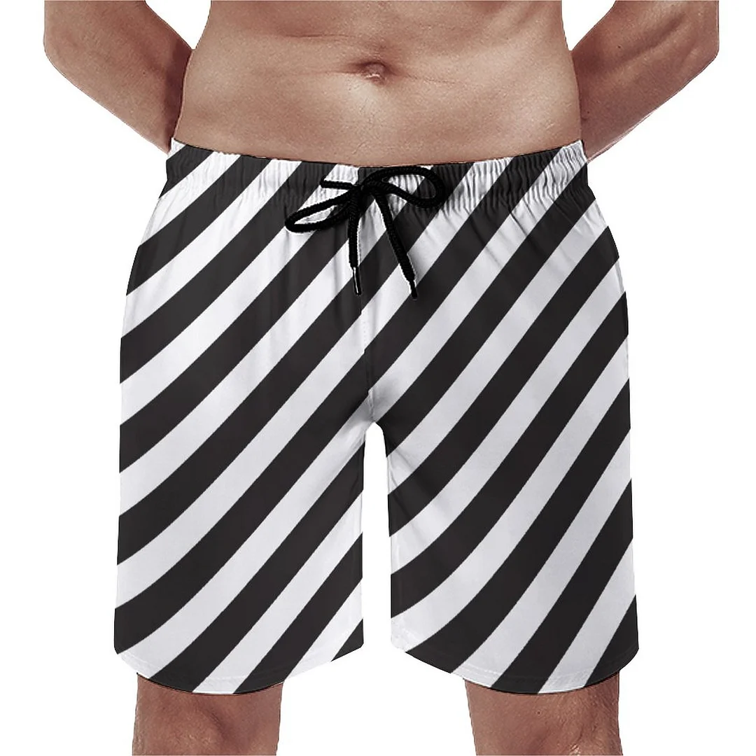 Arc Stripes Diagonal Black White Men's Swim Trunks Summer Board Shorts Quick Dry Beach Short with Pockets