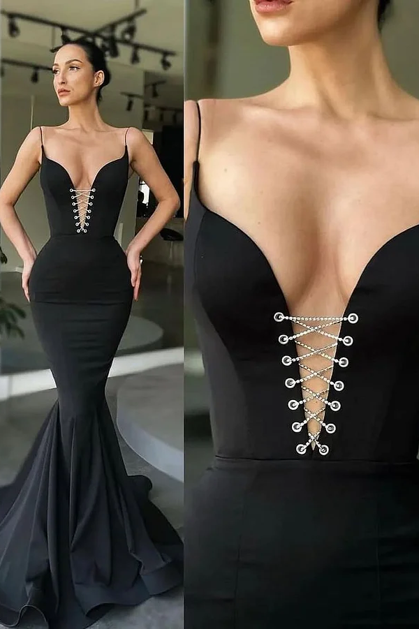Daisda Black Sleeveless Deep V-Neck Spaghetti Straps Mermaid Prom Dress