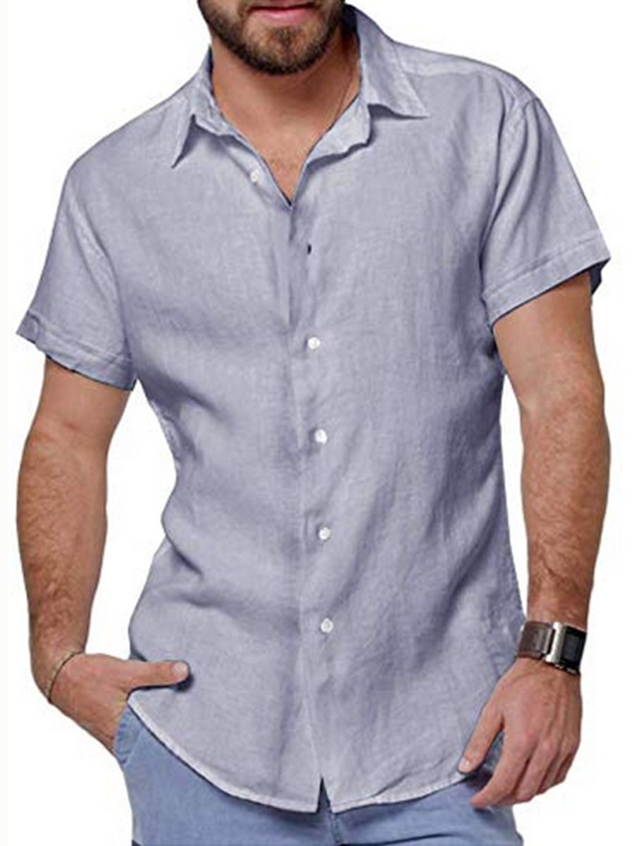 Men's Lapel Collar Cotton Linen Shirt Solid Color Short Sleeve Shirt