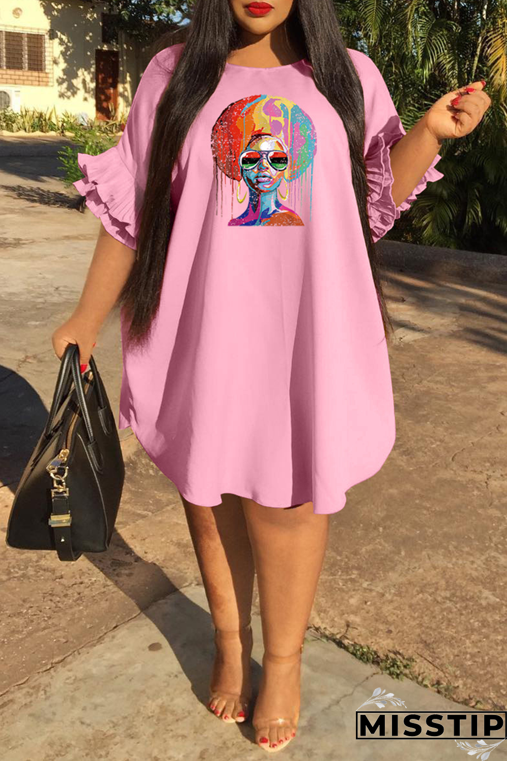 Pink Fashion Print Flounce O Neck Straight Plus Size Dresses