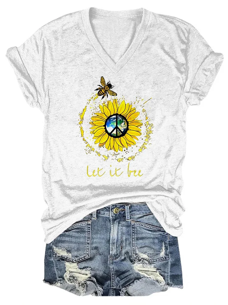 Women Let It Bee Peace Sunflower T-Shirt socialshop