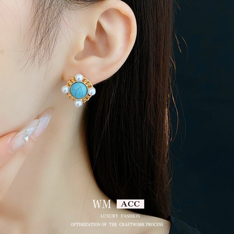 Medieval Round Geometric Artificial Pearl Electroplating Earrings