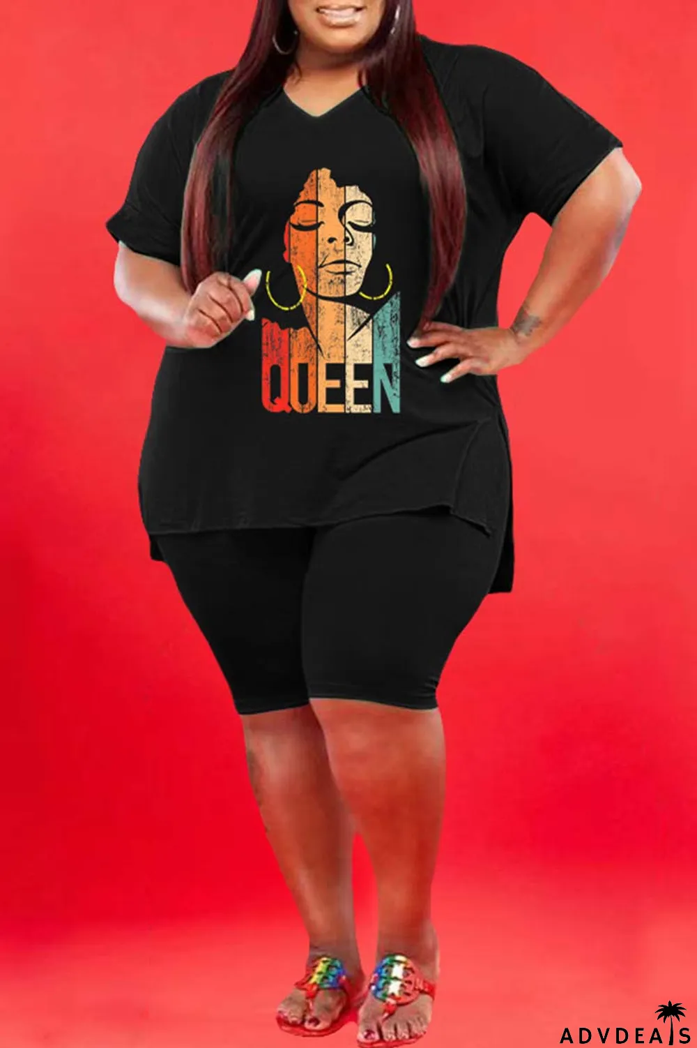 Green Casual Print Slit V Neck Plus Size Two Pieces