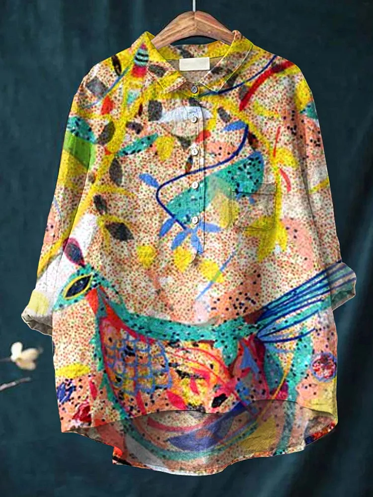 Women S Artwork Pattern Casual Cotton And Linen Shirt