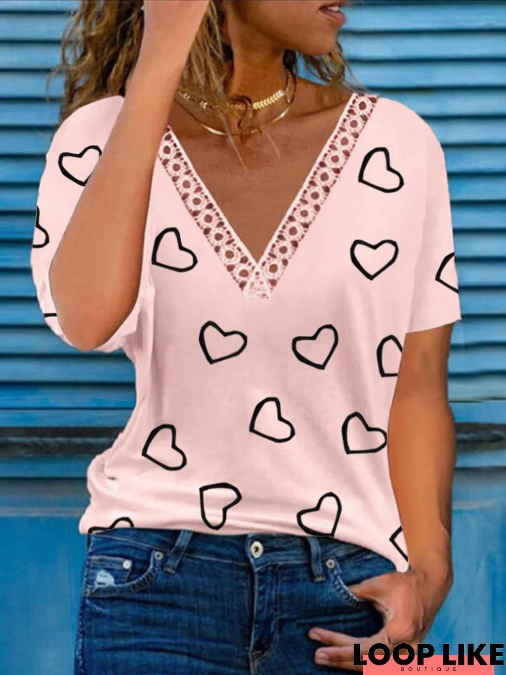 Casual Short Sleeve V Neck Heart Printed Top T-shirt