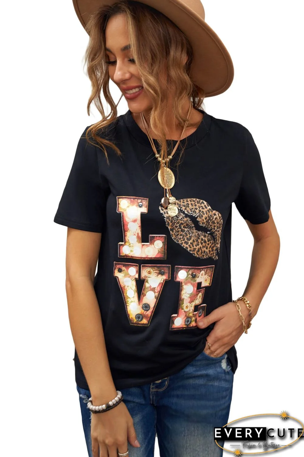 Black Crew Neck Cartoon Letter Print Valentine Tee