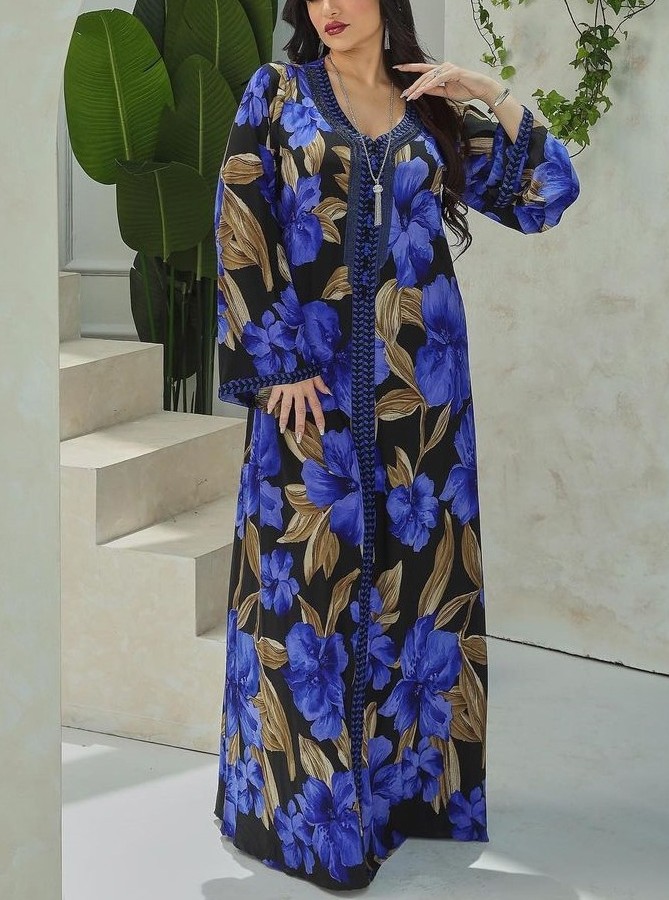 Women's Floral Pattern with Lace V-neck Elegant Kaftan | Oxredo Shop Ramadan Sale