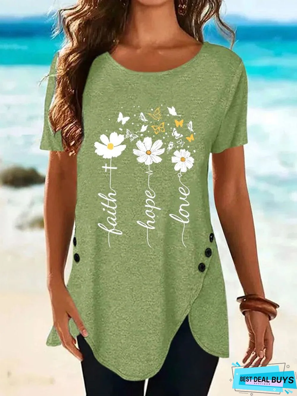 Crew Neck Casual Floral Short Sleeve Tunic T-Shirt