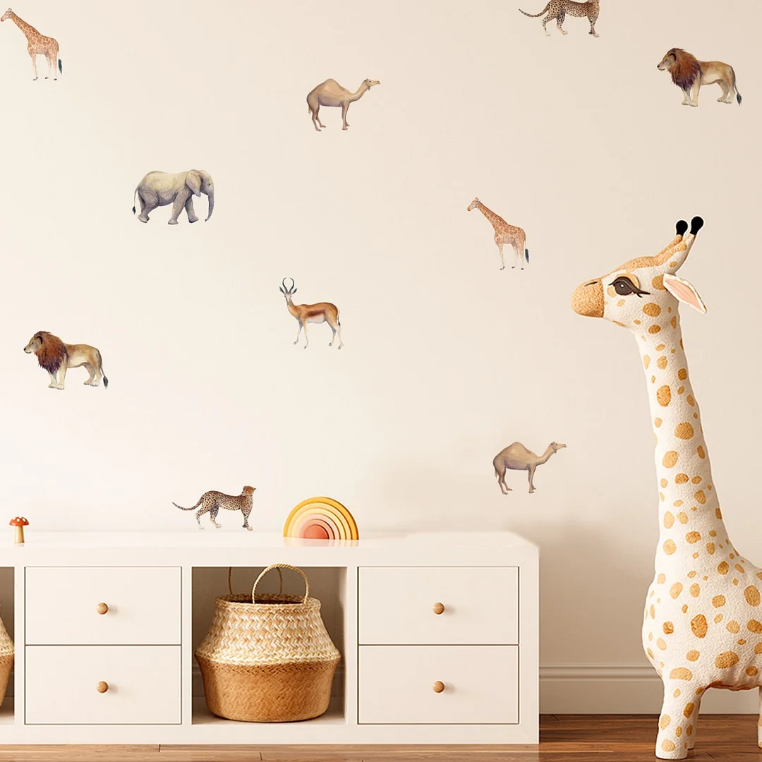 Boho Safari Animals Wall Sticker for Kids Room Baby Girls Boys Living Room Cute Animal Lion Giraffe Elelphant Cartoon Animals