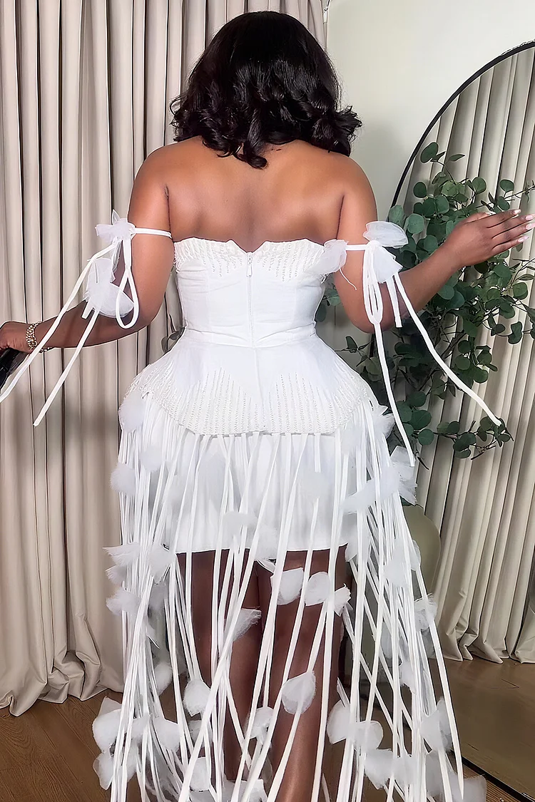 Off Shoulder Bodycon Fringe Feather Hem Party Maxi Dresses-White [Pre Order]