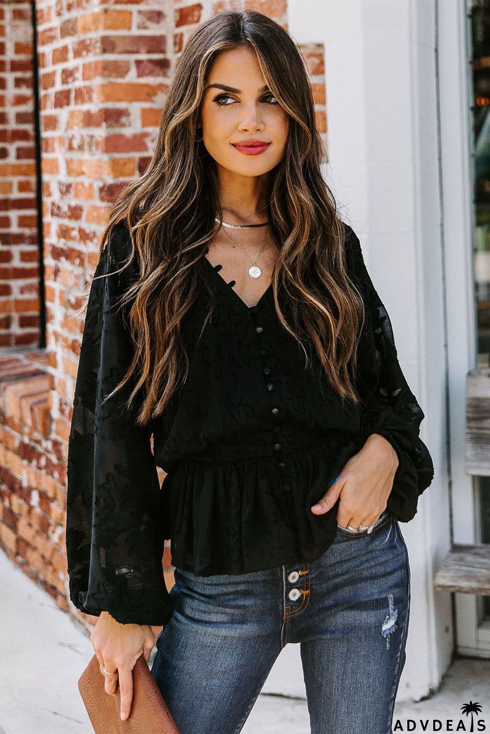 Shimmer Printed V Neck Ruffled Long Sleeve Top