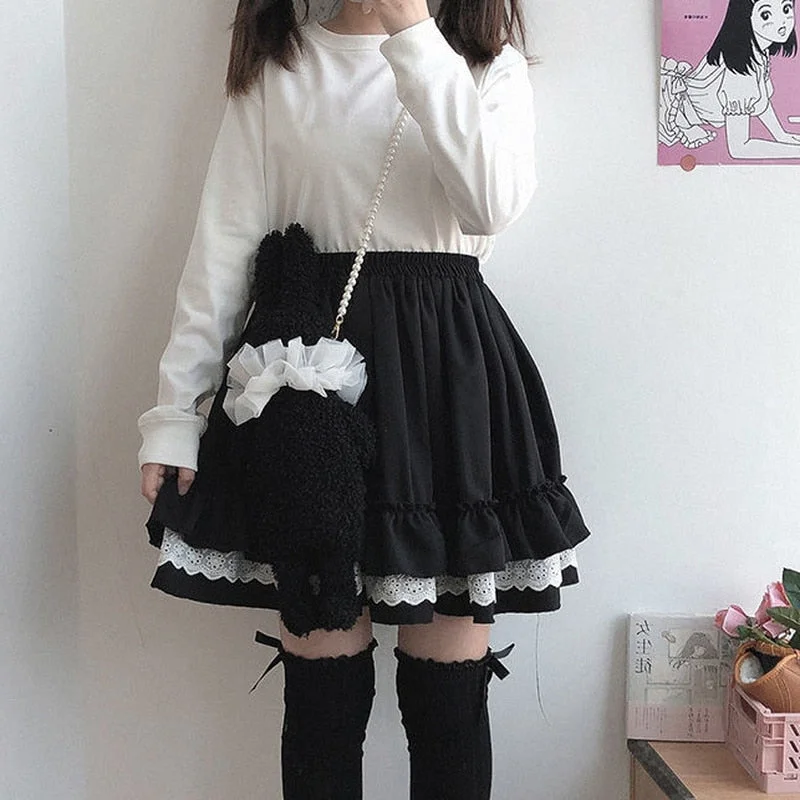 HOUZHOU Kawaii Lace Lolita Skirt Women Harajuku Vintage Ruffle Patchwork Elastic Waist Mini Skirts Soft Girl Japanese Streetwear