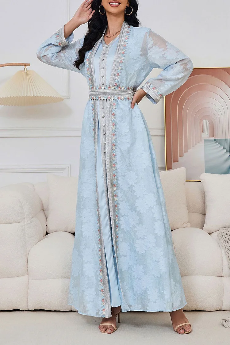 Jacquard Rhinestone Colorful Embroidery Abaya Maxi Dresses Matching Set