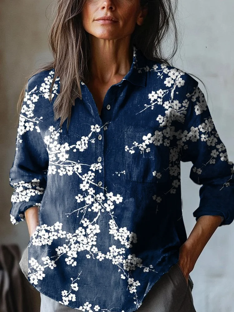 Women's Retro Plum Blossom Art Print Casual Cotton and Linen Shirt