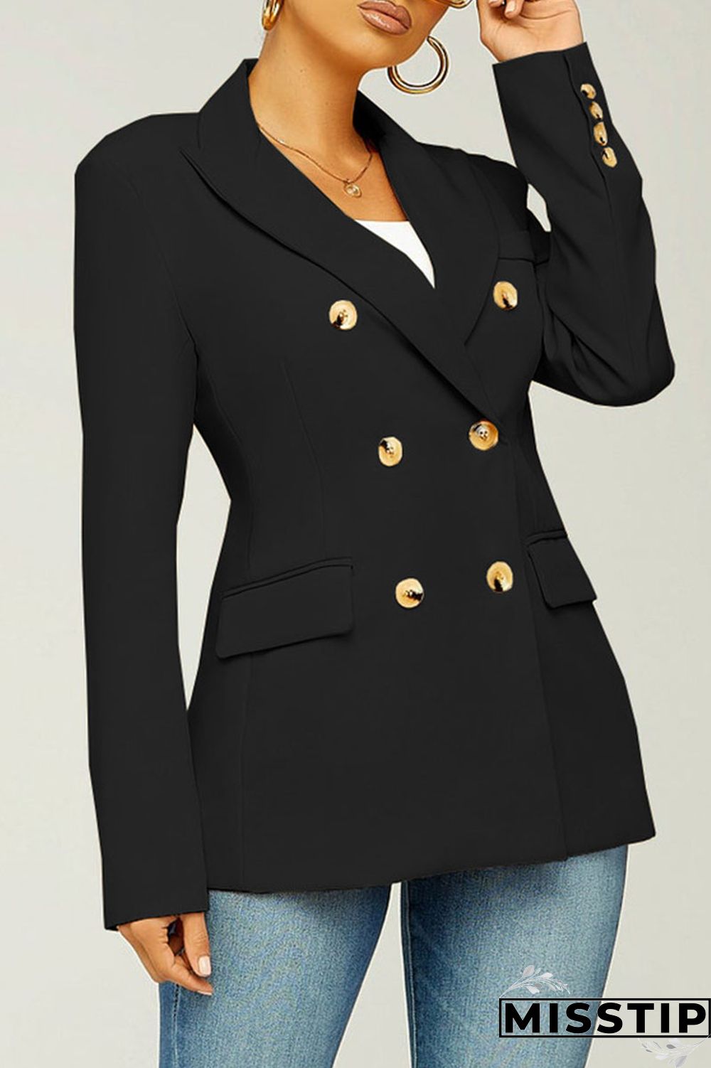 Black Casual Solid Patchwork Turn-back Collar Outerwear