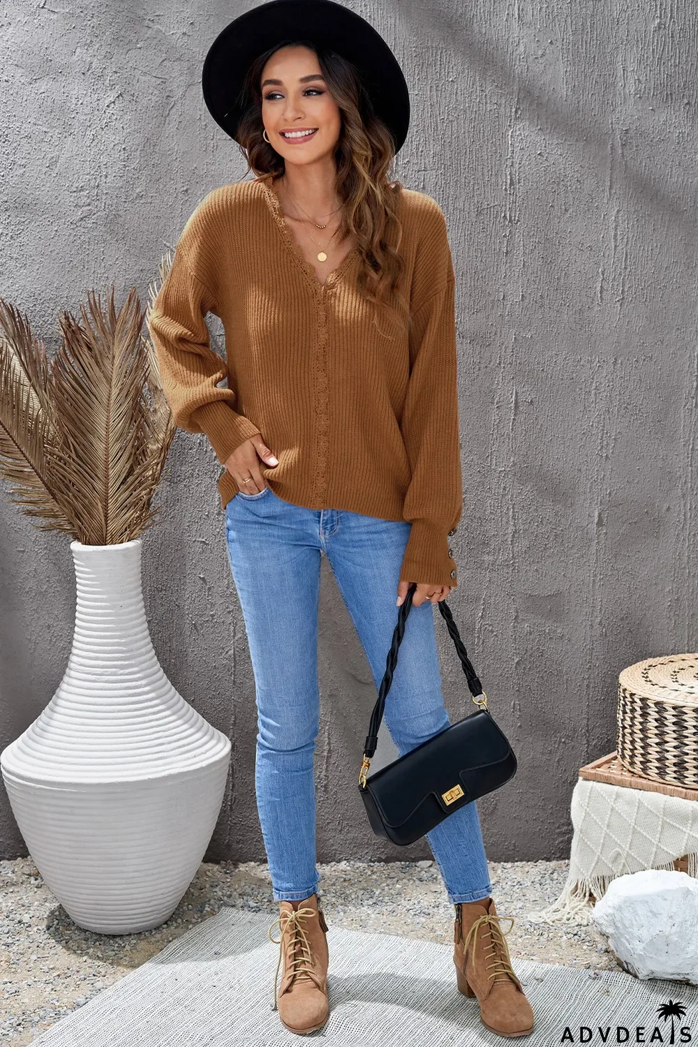 Brown Lace V Neck Knitted Pullover Sweater