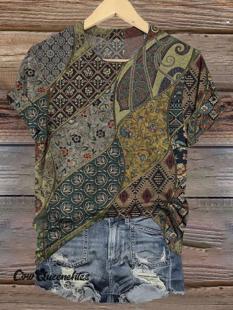 Vintage Print Casual Short Sleeve Top Multicolor / S