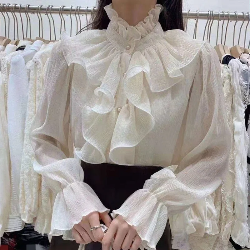 Korean Chic Ruffles Stitching Elegant Blouse Woman Stand Collar Button Chiffon Shirt Long Flare Sleeve Fashion Loose Tops 12946