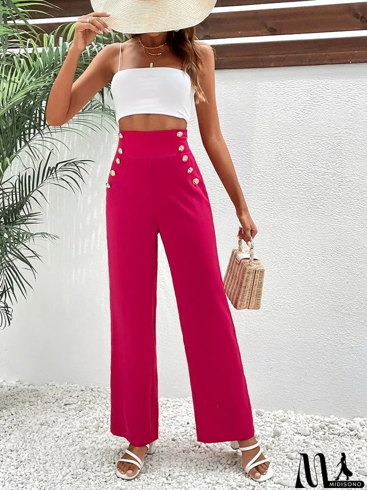 Buttoned Wide Waistband Wide Leg Pants