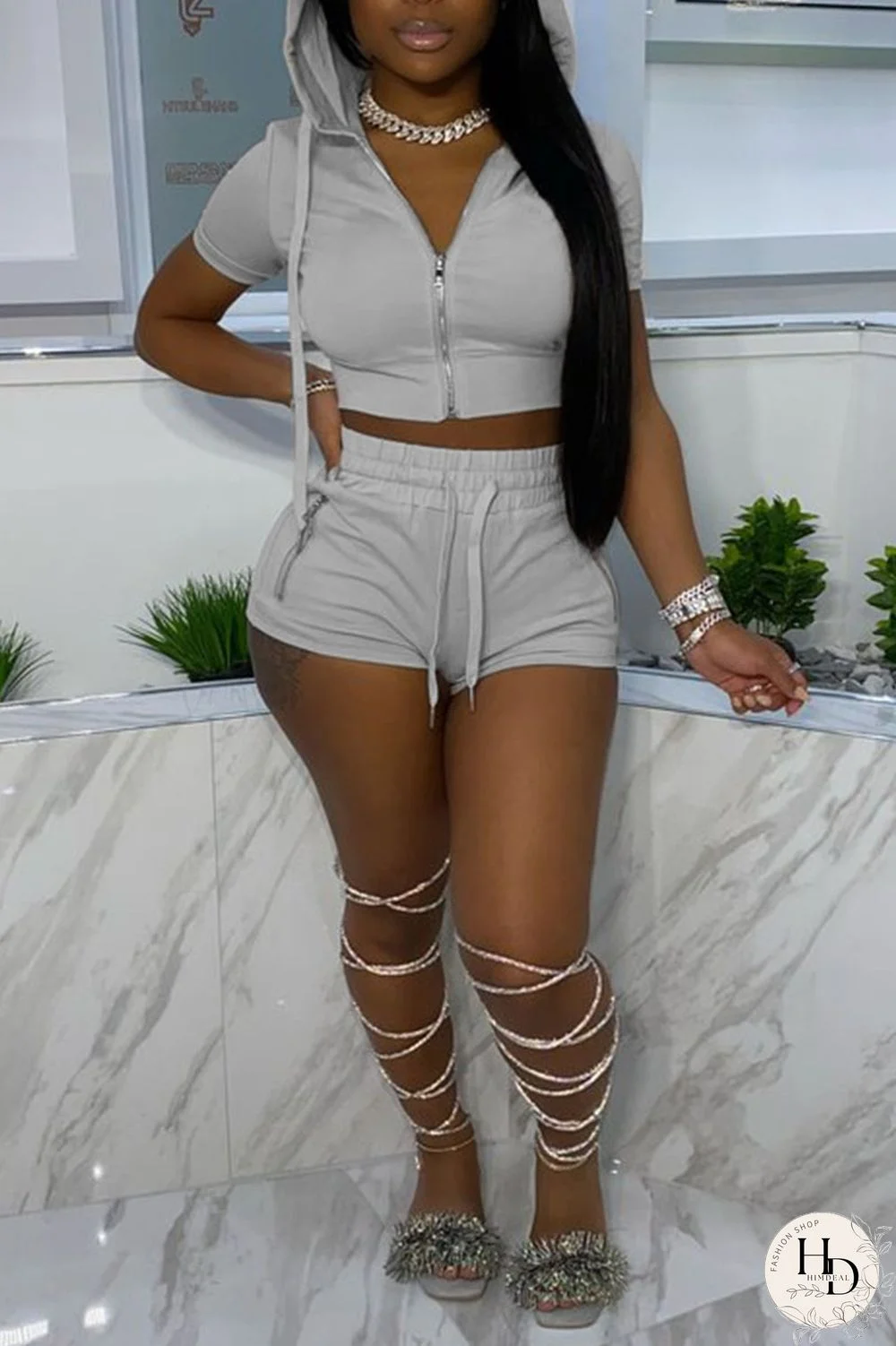 Rose Red Casual Solid Patchwork Zipper Hooded Collar Short Sleeve Two Pieces