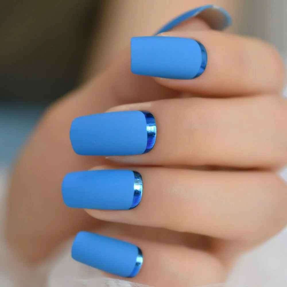 Blue Matte Square Opposite French Fake Tips Chrome Moo Fashion Medium Long Acrylic Nails Wholesale-Nail Inspo