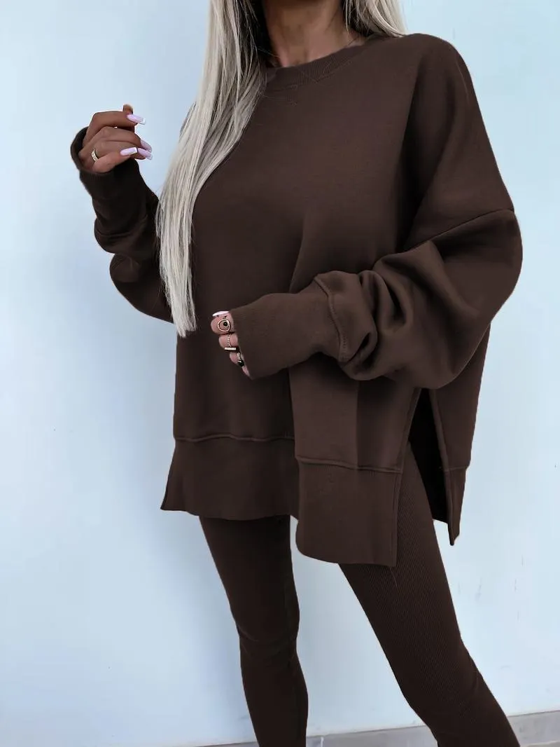 Oversize Two-Piece Set Women's Split Hem Sweatshirt & Skinny Pants, Casual Fashion Cozy Round Neck Long Sleeve Pullover Women's Clothing for Fall & Basic Winter Suits Womenswear Gamis
