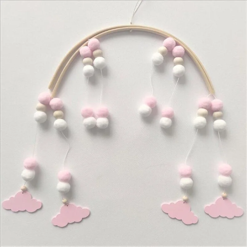 INS Nordic Wooden Beads Wind Chimes with Wool Balls Newborn Baby Bed Hanging Windbell Crib Tent Kids Room Decorations Ornaments