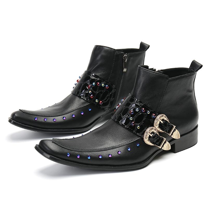 VCSHOES Black Mens Pointed Toe Shoes Dress Banquet Bridegroom Ankle Motorcycle Boots Zipper Buckle Rivet Short Boots