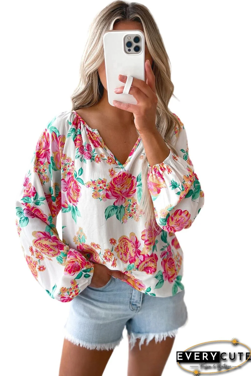 White Notch V Neck Floral Pleated Puff Sleeve Blouse