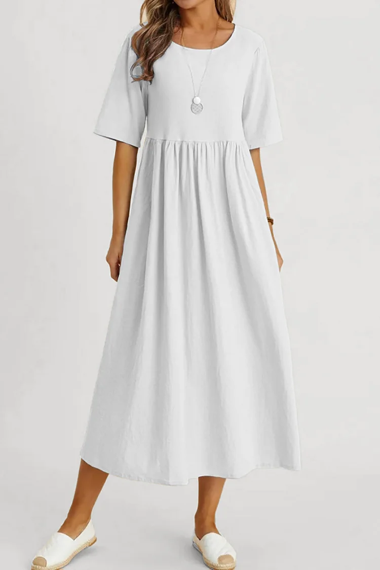 Round Neck Short Sleeve Pleated Casual A-Line Linen Midi Dress