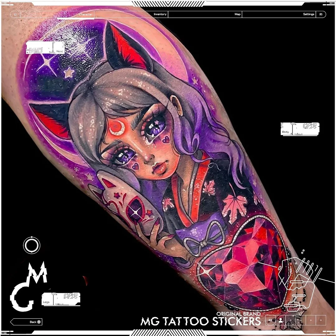 12*19cm Japanese Ukiyo-e Fox Geisha Anime Cartoon Beautiful Girl Flower Arm Tattoo Sticker