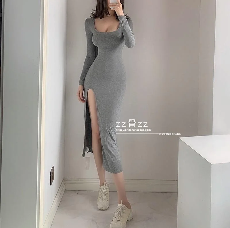 ABEBEY New  Square Collar Solid Color Elastic Thin Temperament Simple And Fashion Long Sleeve  Women Dress OIY5