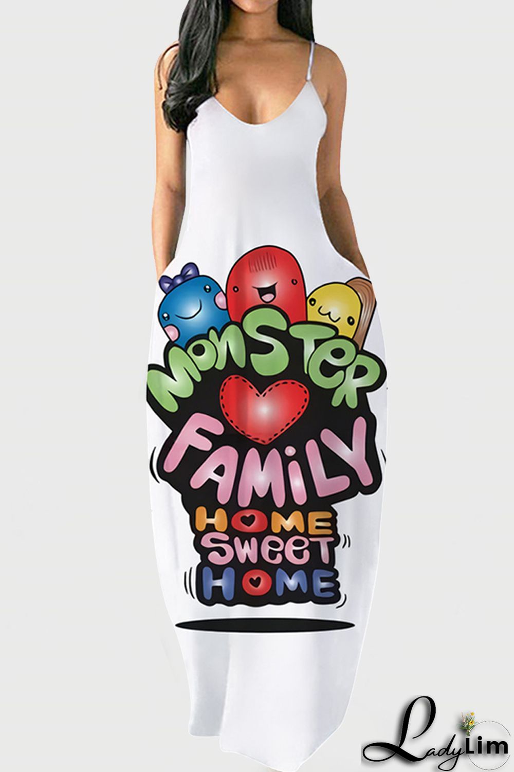 White Red Fashion Sexy Print Backless V Neck Sling Dress