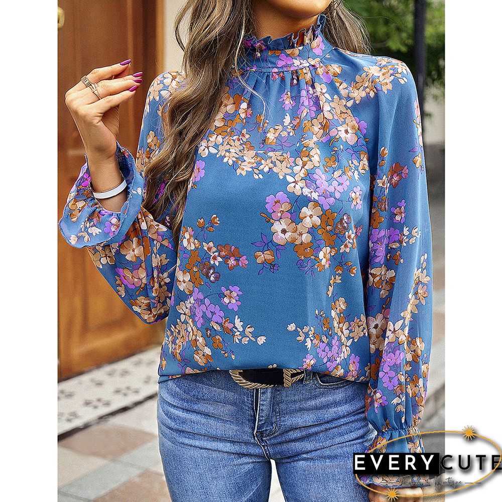 Blue Floral Print Chiffon Long Sleeve Blouse