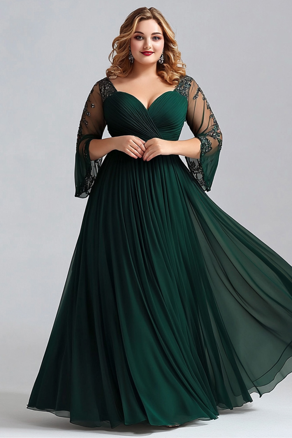 Flycurvy Plus Size Wedding Guest Dark Green Chiffon Lace Wrap Flare Sleeve Maxi Dress