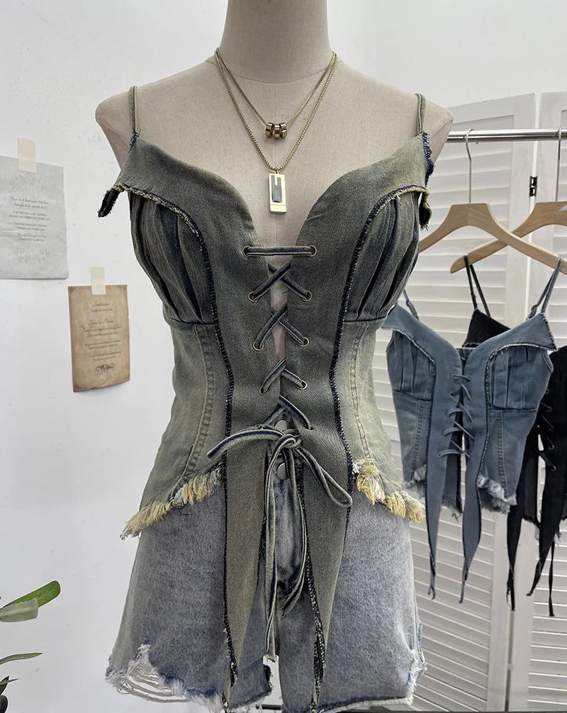 Brownm Real-Hand Shot Vintage Babes With Thaired Hairy Denim Sling Vest Short Umbilly Sleeveless Top 2690