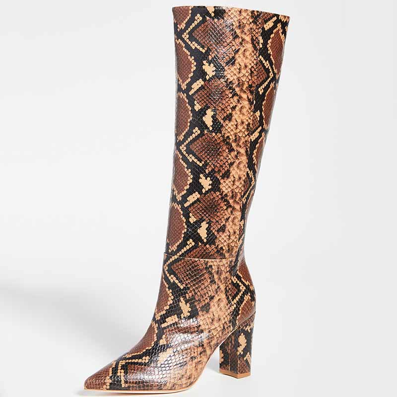 TAAFO Snakeskin Woman Knee High Boots High Square Heels Female Pointy Toe 