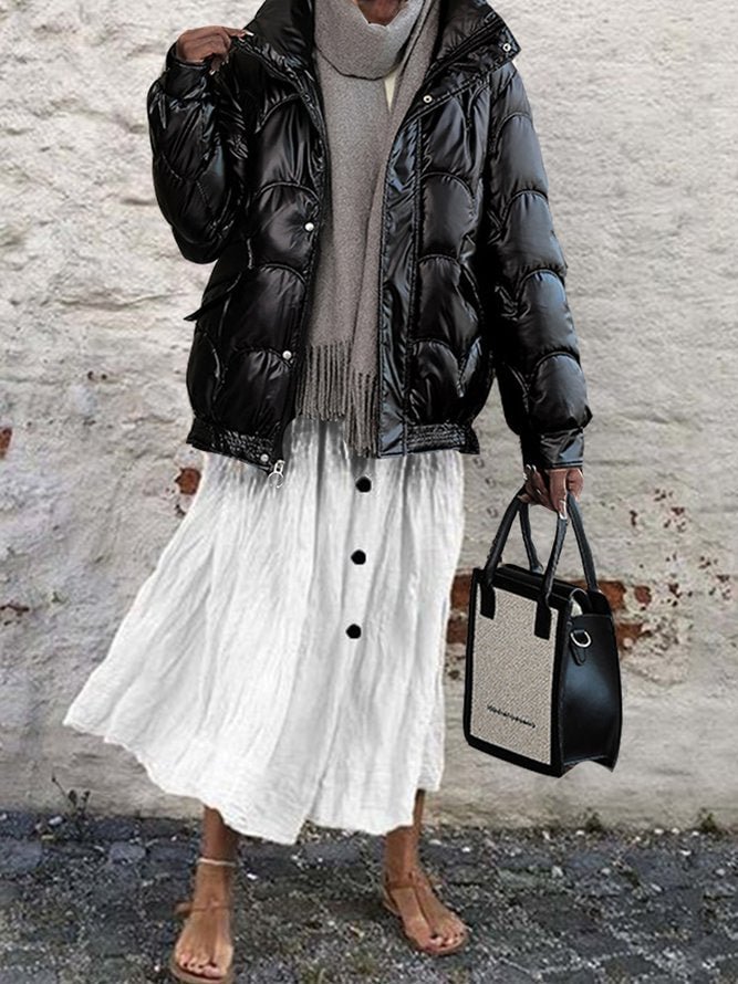 Black Plain Loosen High Neck Outerwear