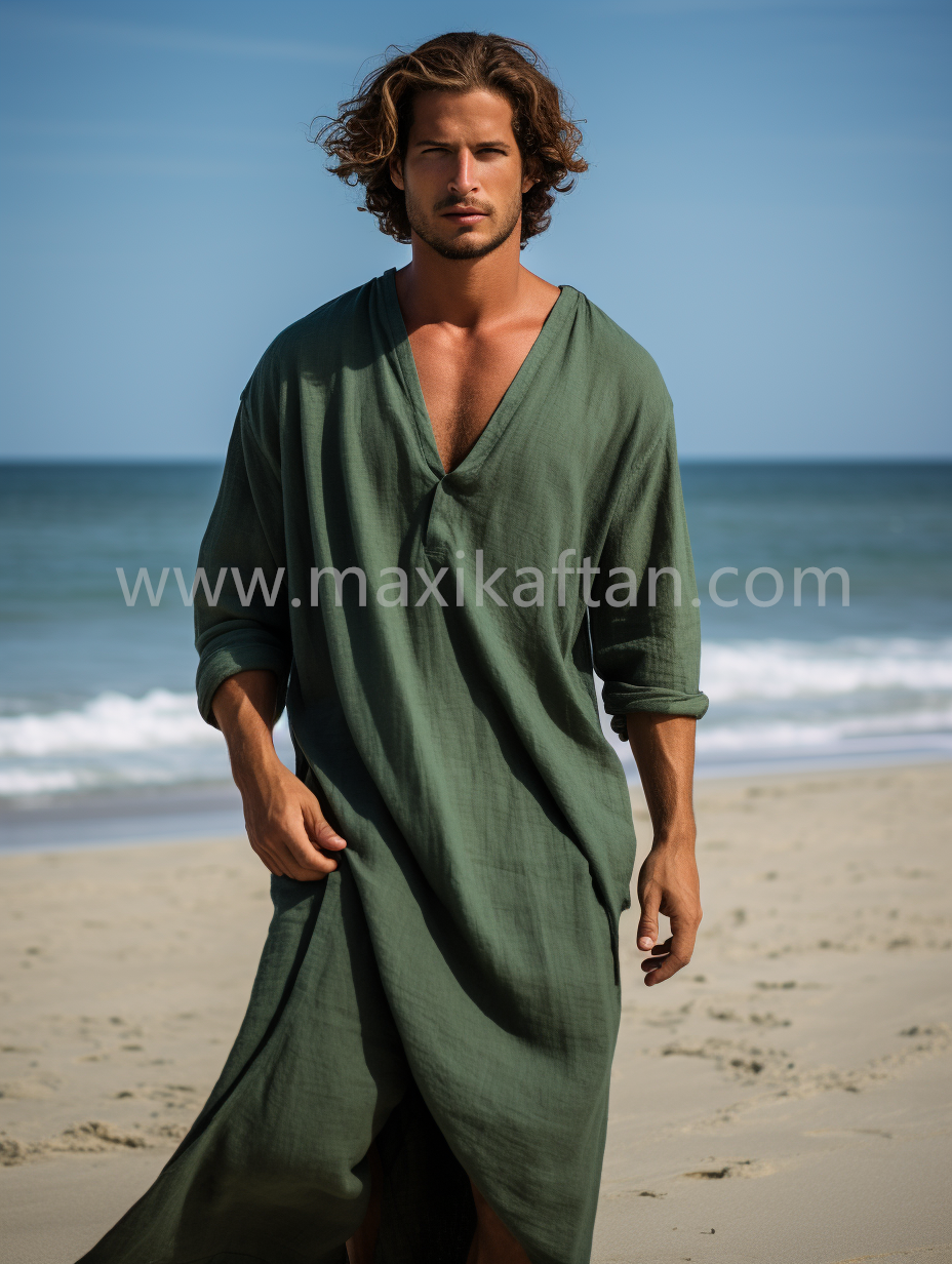 Green Men Linen Kaftan Solid Long Caftan