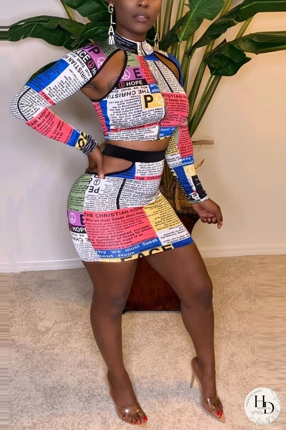 Sexy Newspaper Print Long Sleeve Two Piece