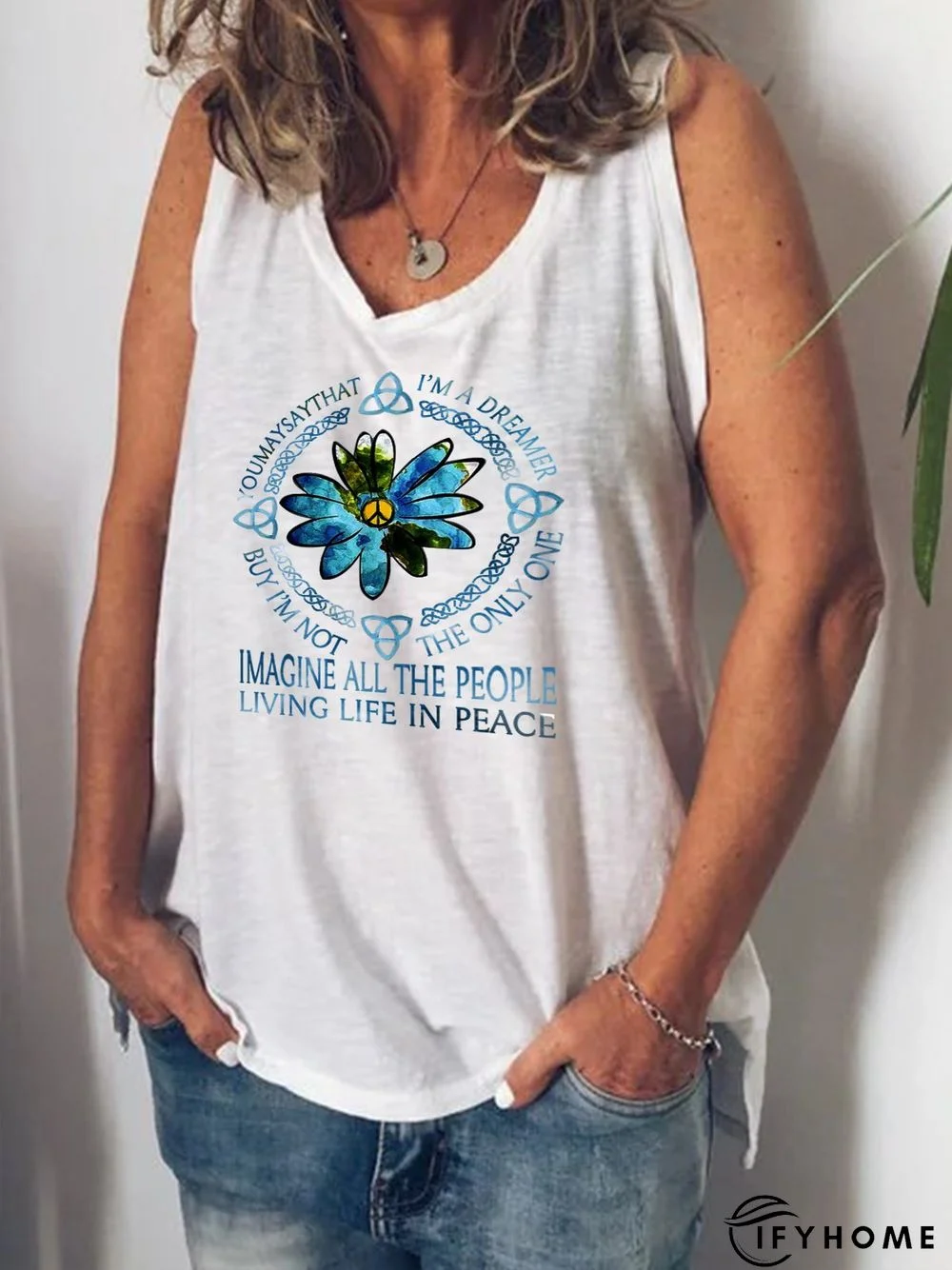 Casual Plus Size Floral Printed Sleeveless V Neck Tank Tops | IFYHOME