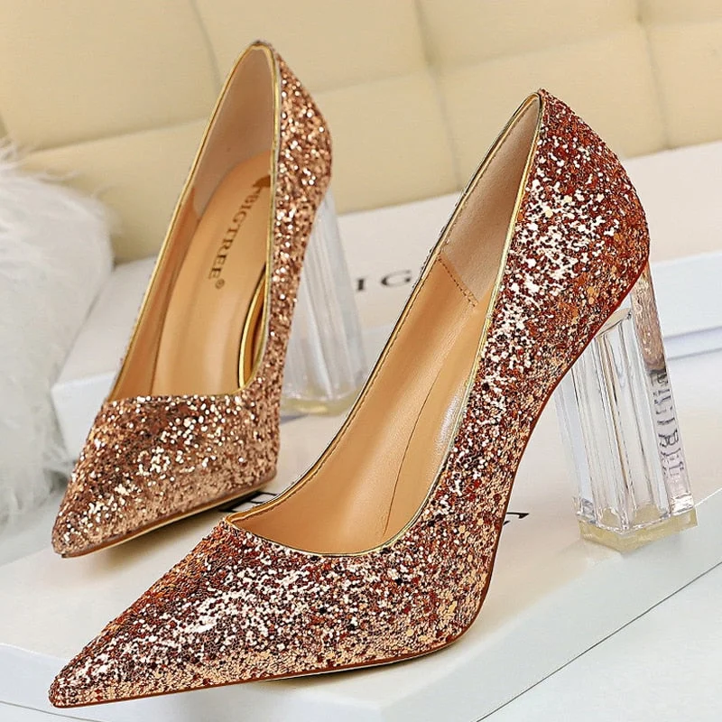 BIGTREE Shoes Transparent Heels Women Pumps Sequins Wedding Shoes Square Heels Women Shoes Crystal Heel Sexy Heeled Shoes 2021