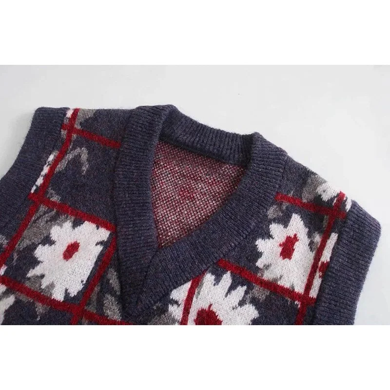 Vintage Chic Floral Print Plaid Sleeveless Sweater Women Fashion V-Neck Vest Tops Female Casual Knitwear