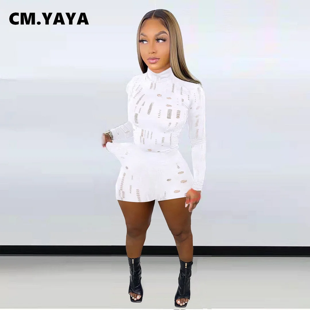 CM.YAYA Hole Active Women Set Long Sleeve T-shirt and Shorts Suit Sport Tracksuit Two Piece Set Fitness Outfit Black Tracksuit