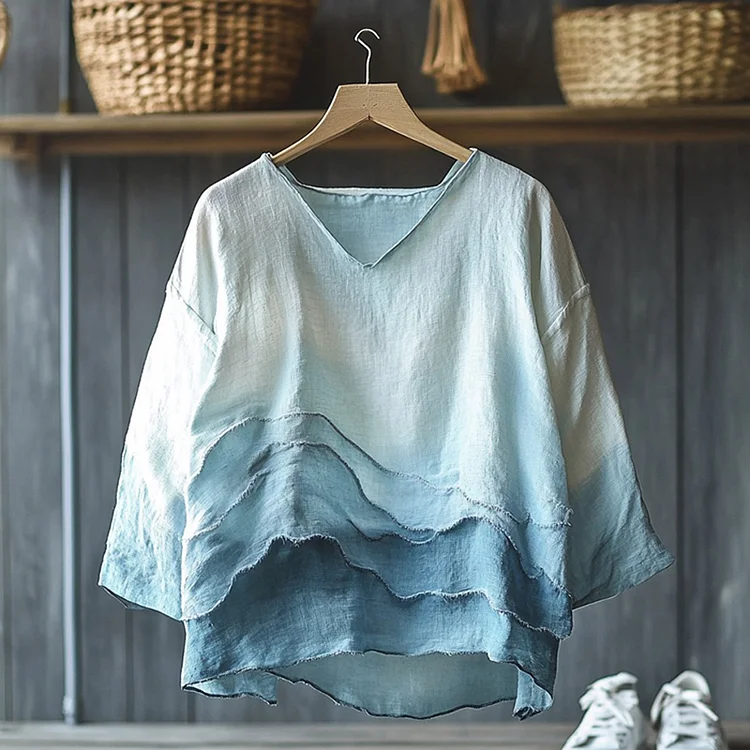 Vintage Gradient Waves Inspired Embroidery Japanese Art Linen Blend Cozy Tunic