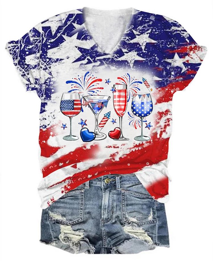 Women's Independent Red Wine Glass Flag Print V-Neck Casual T-Shirt socialshop